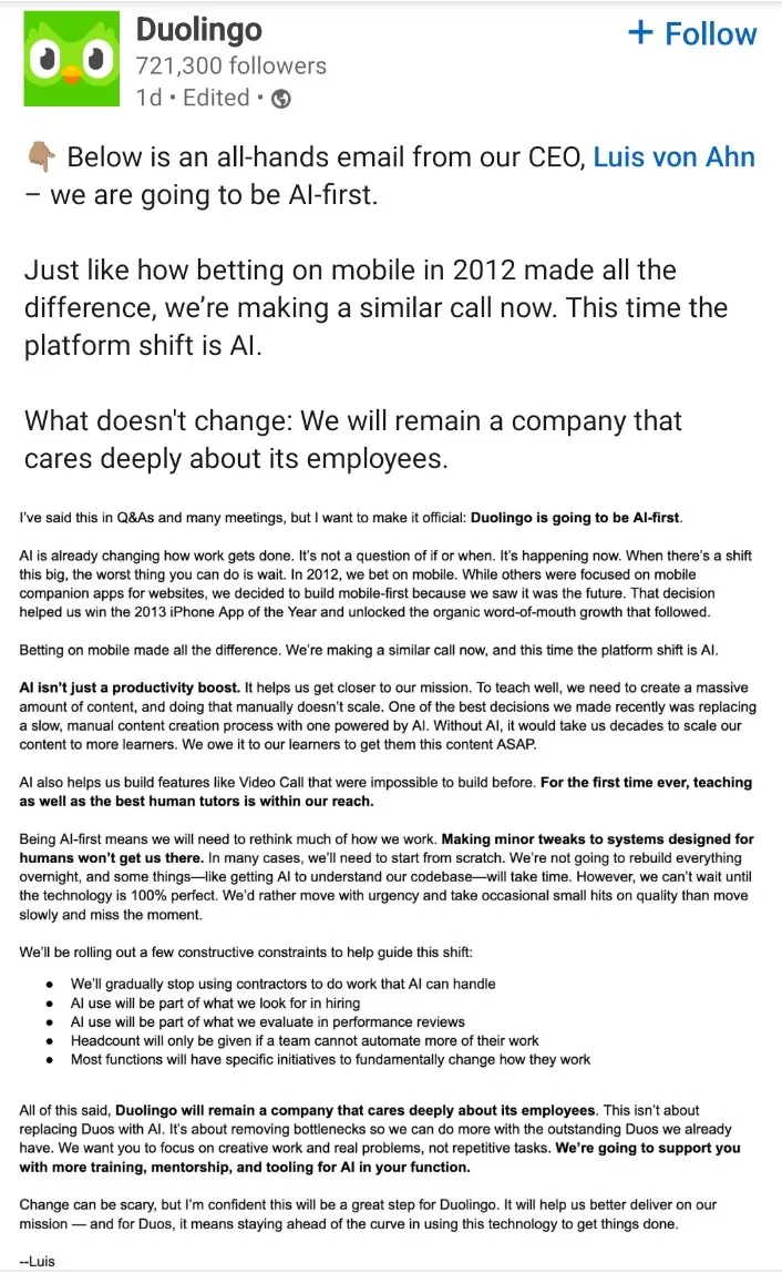 The email from Duolingo CEO on LinkedIn
