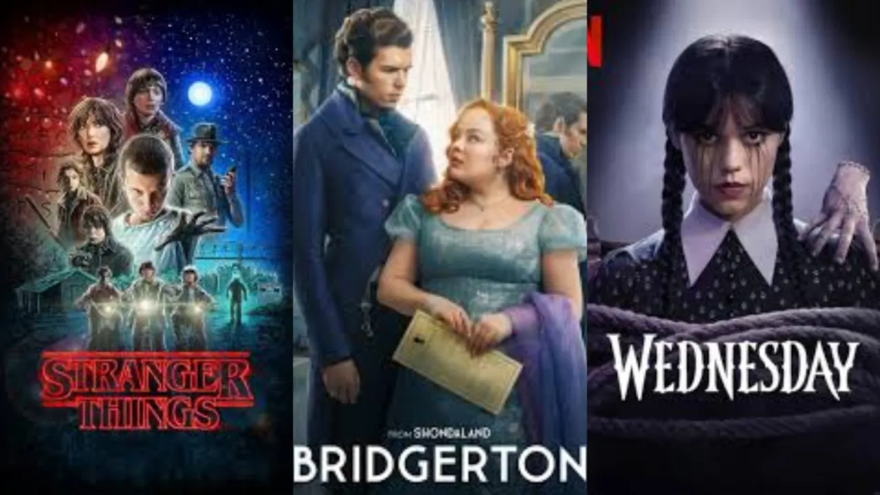Stranger Things (left), Bridgerton (centre), Wednesday (right)