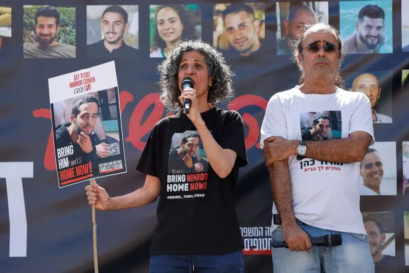 Viki Cohen, the mother of hostage Nimrod Cohen, speaks  at kibbutz Nir Oz, Israel, on April 20.