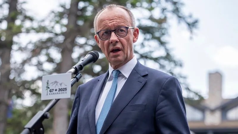 German Chancellor Friedrich Merz speaks at the G7 summit in Canada on Tuesday.