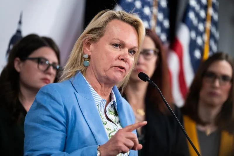 Rep. April McClain Delaney speaks at a news conference in Leesburg, Virginia, on March 13.