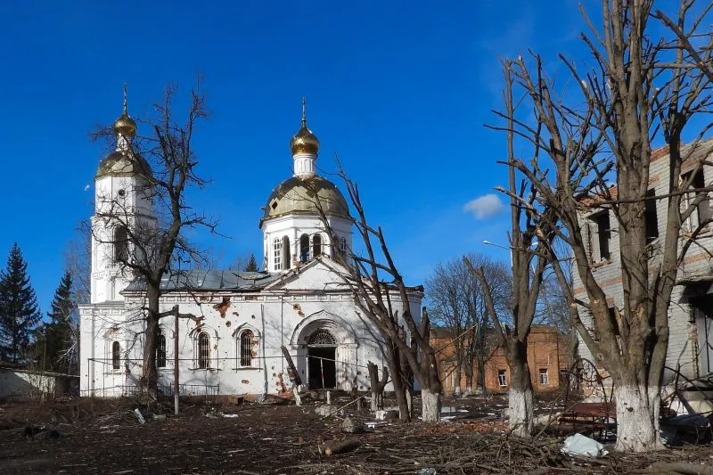A view of destructions in the village of Kazachya Loknya, which was previously held by Ukrainian troops and recently retaken by Russia's armed forces, in the Sudzha district of the Kursk region on March 18, 2025.