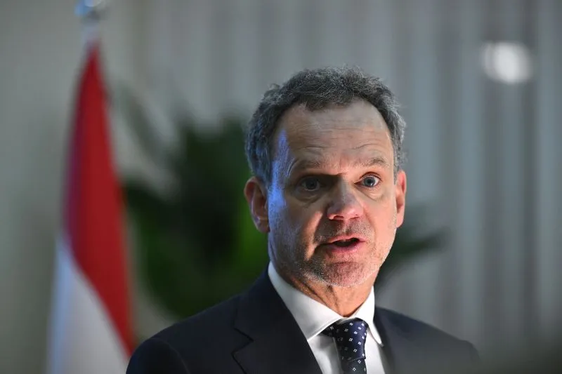 Foreign Minister Caspar Veldkamp speaks during a press conference in Beijing on May 22.