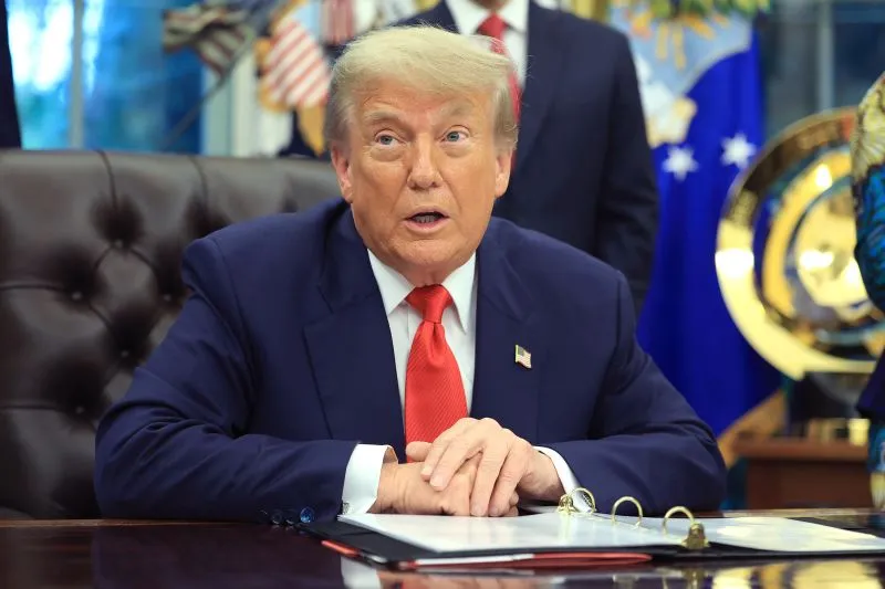President Donald Trump delivers remarks in the Oval Office of the White House on June 27.