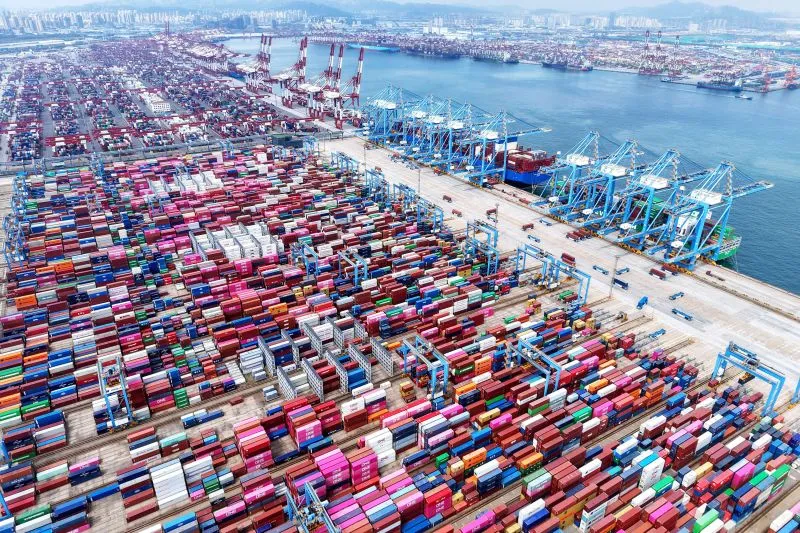 Containers are seen at the port in Qingdao, in China's eastern Shandong province on August 4, 2025.