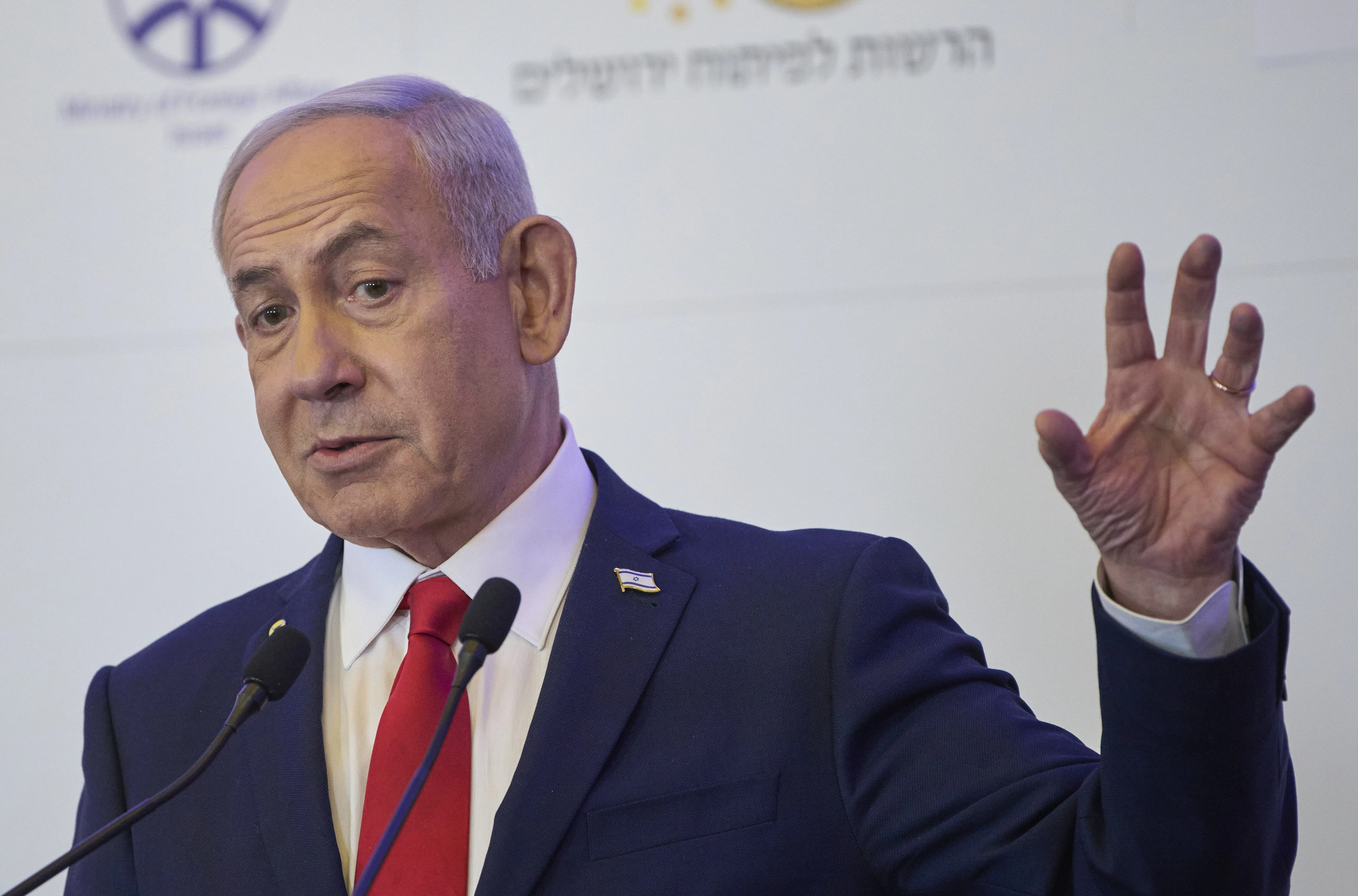 Israeli Prime Minister Benjamin Netanyahu speaks to the audience at a conference in Jerusalem, Sunday, July 27, 2025 [Ohad Zwigenberg/AP]