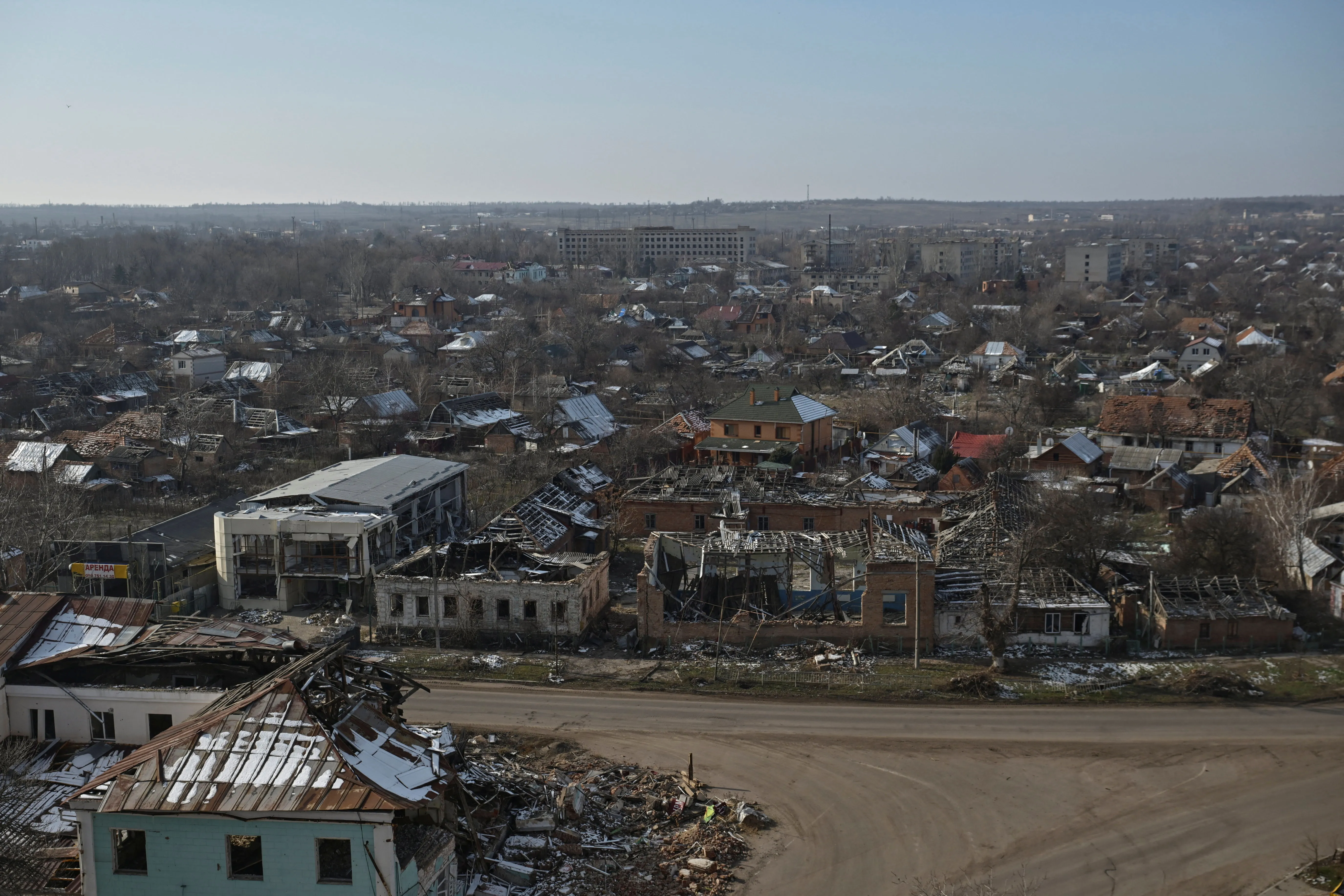 A view shows buildings heavily damaged by Russian military strikes in the frontline town of Orikhiv, amid Russia's attack on Ukraine, in Zaporizhzhia region, Ukraine February 12, 2025. REUTERS/Stringer