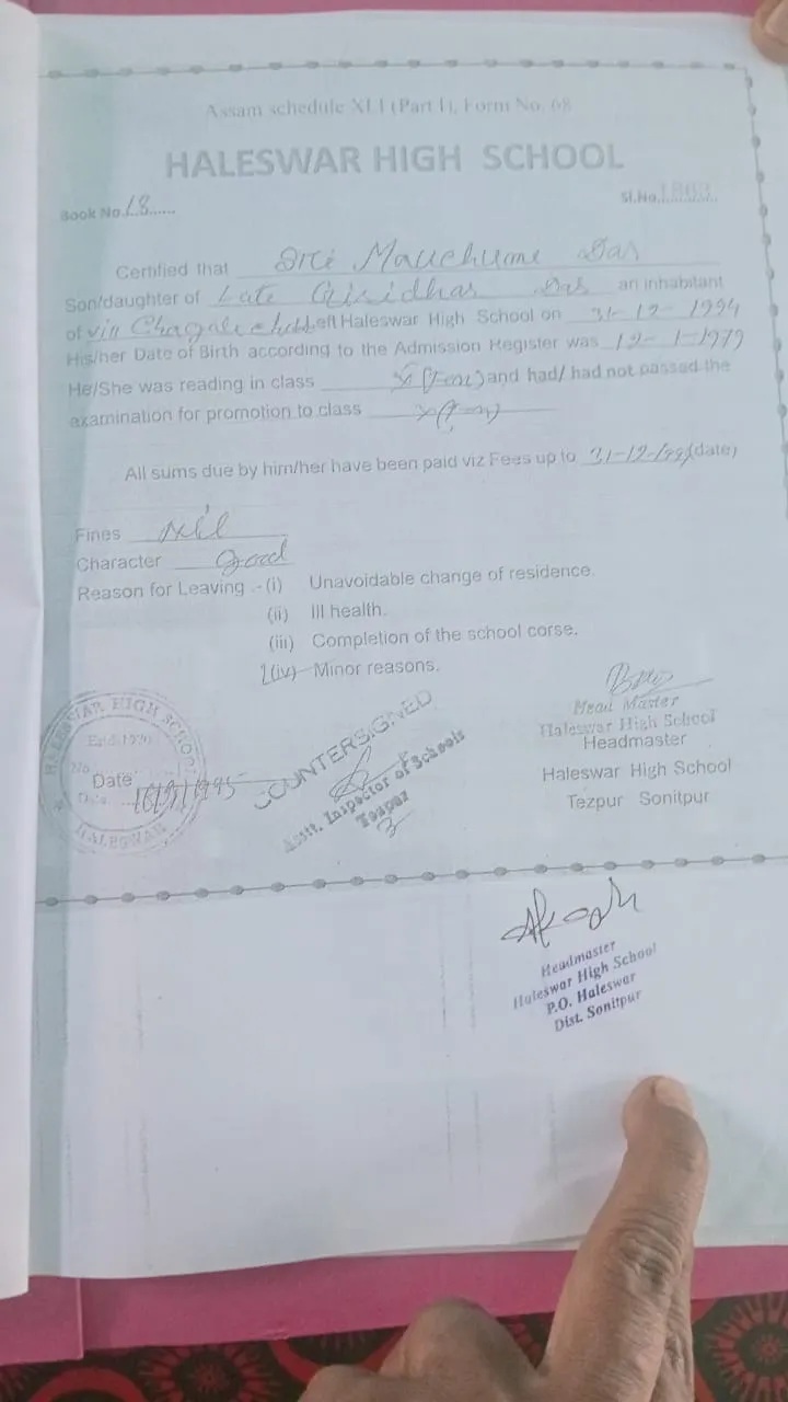 মৌচুমী দাসে দাখিল কৰা শিক্ষাগত প্ৰমাণ পত্ৰ