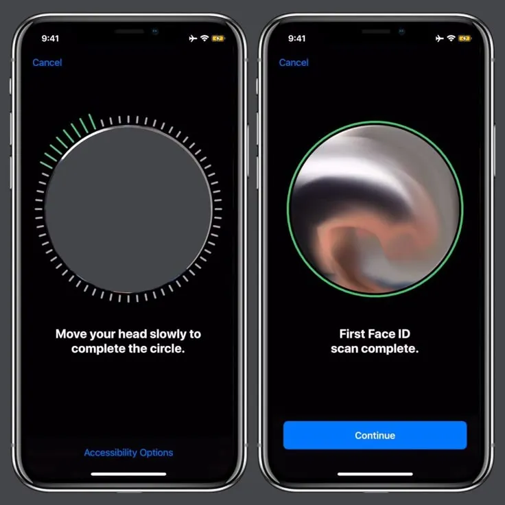 This may contain: two iphone screens showing the first face id and second face scanner options for facial recognition