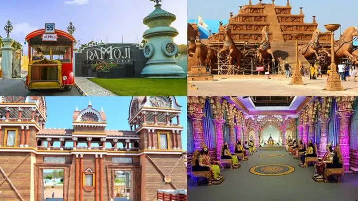 This may contain: four different images show the entrance to an amusement park