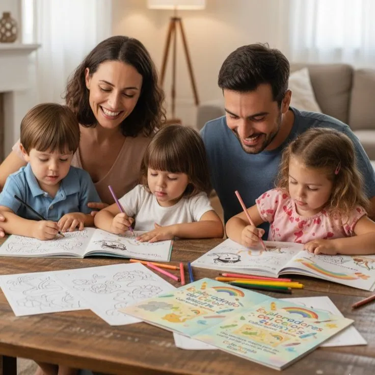 This may contain: a man, woman and two children are sitting at a table with coloring books in front of them