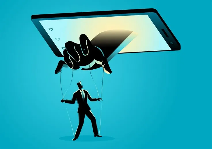 This may contain: a man in a suit is holding on to a giant cell phone with a puppet attached to it