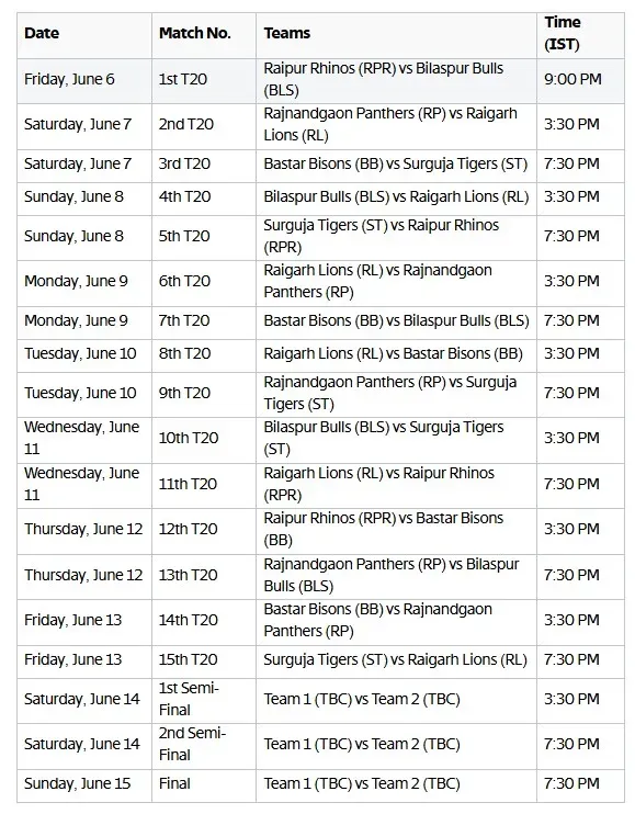 CCPL 2025 Full Schedule