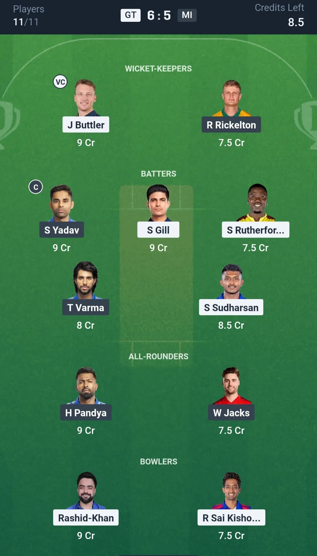 Grand League Team for GT vs MI Dream11 Prediction