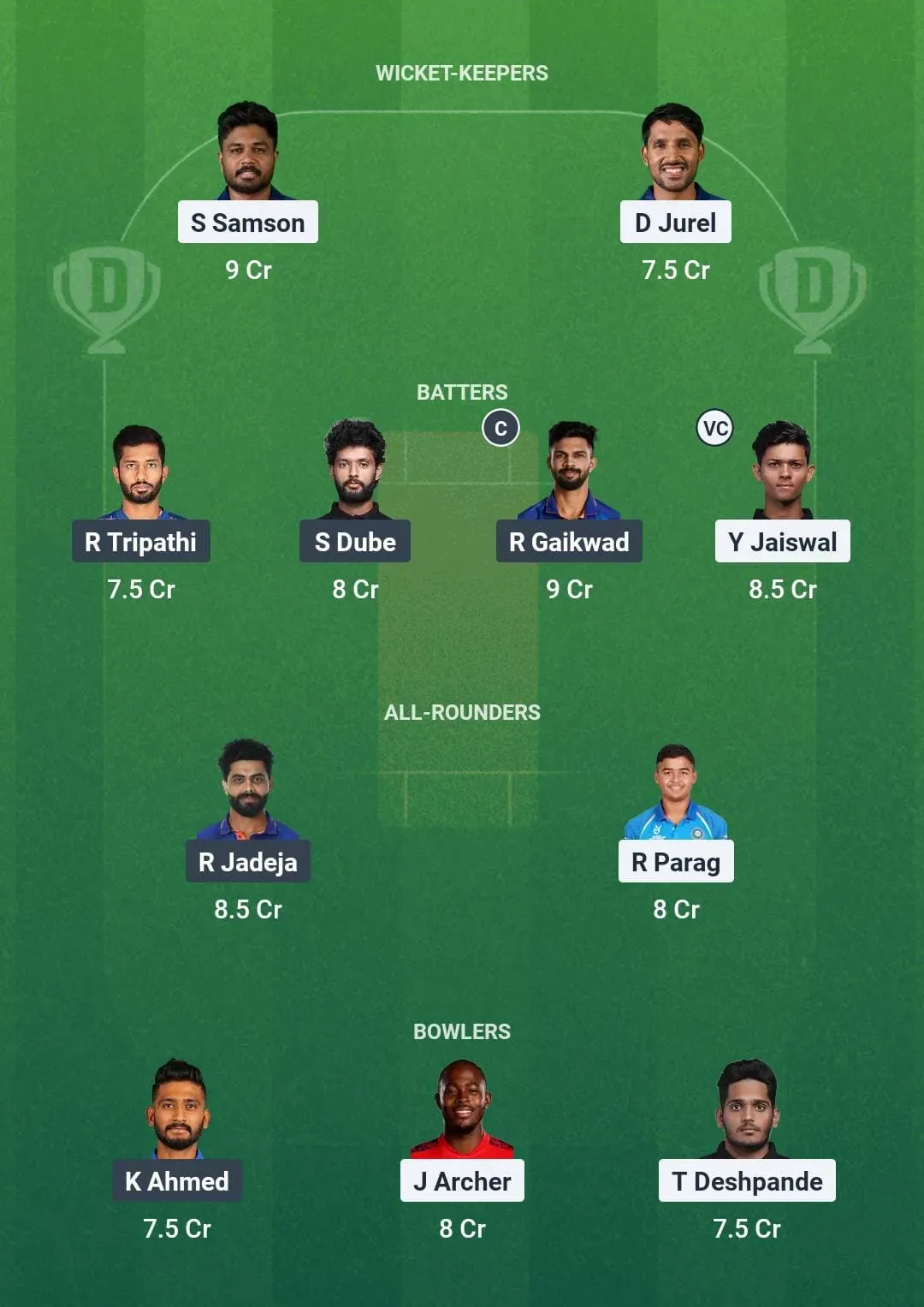 Grand League Team for RR vs CSK Dream11 Prediction