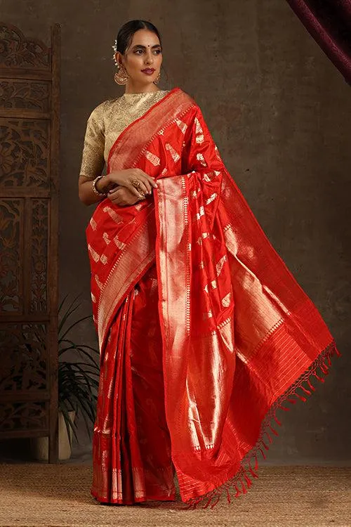 Red Handloom Banarasi Pure katan Silk Cutwork Boota saree