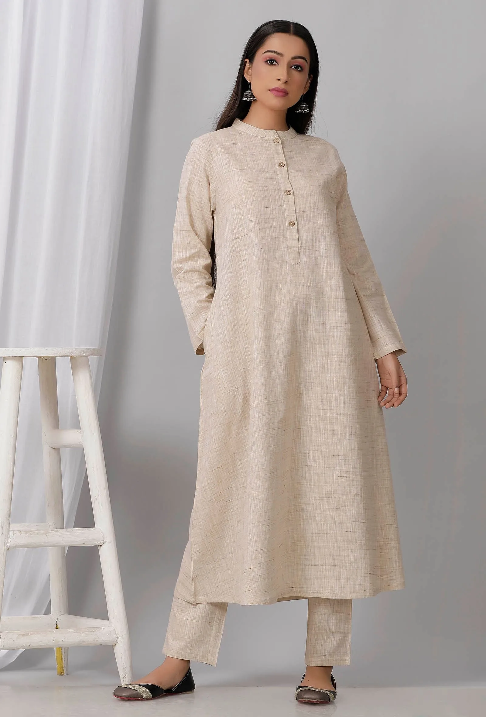 Set of 2: Beige A Line Khadi Kurta With Pant – TJORI