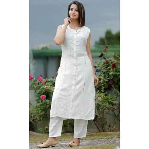 Ladies Cotton Sleeveless White Casual Wear Straight Kurti