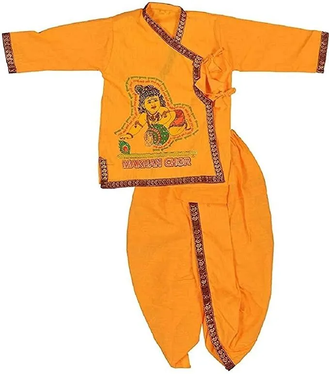 Pk Hub Krishna Dress Costume | Kids Cotton Yellow Krishna Style Kurta & Dhoti| Janamastami Special | Bal Gopal Dress For Baby Girls & Boys | Morepankh Printed Design - 12-18month