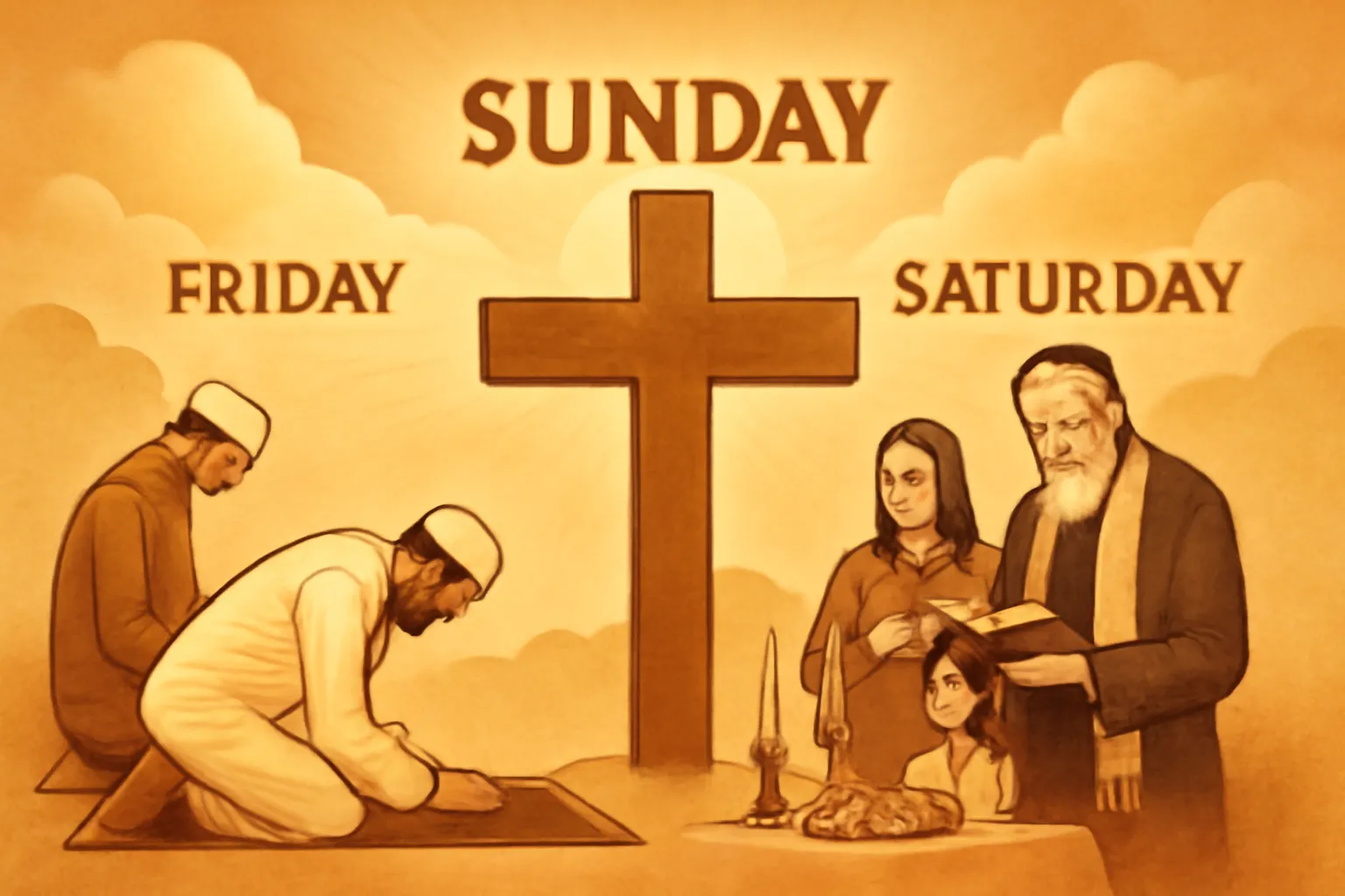 Religious connection of Sunday holiday showing Christianity, Islam Friday prayer, and Jewish Sabbath.