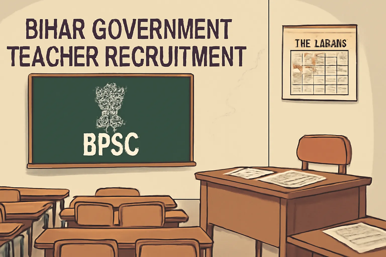 Digital illustration depicting Bihar government teacher recruitment with classroom, BPSC logo, and TRE-4 exam calendar.
