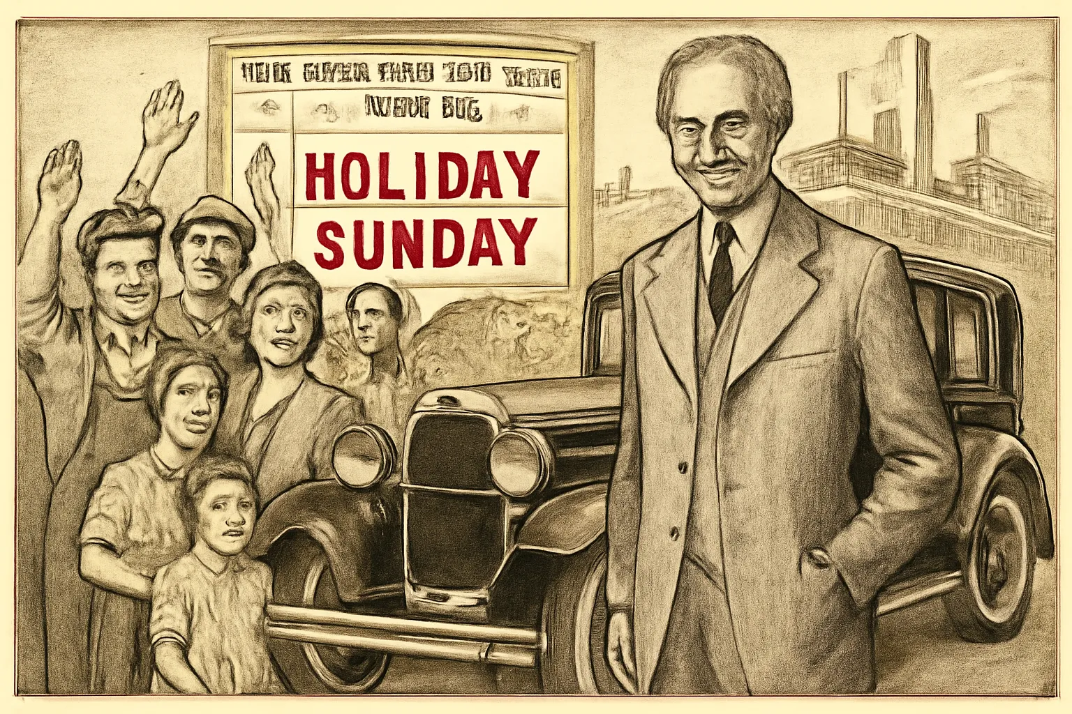 Henry Ford, 1930s Ford car, weekend calendar, workers and families, factory, 889x559 size.