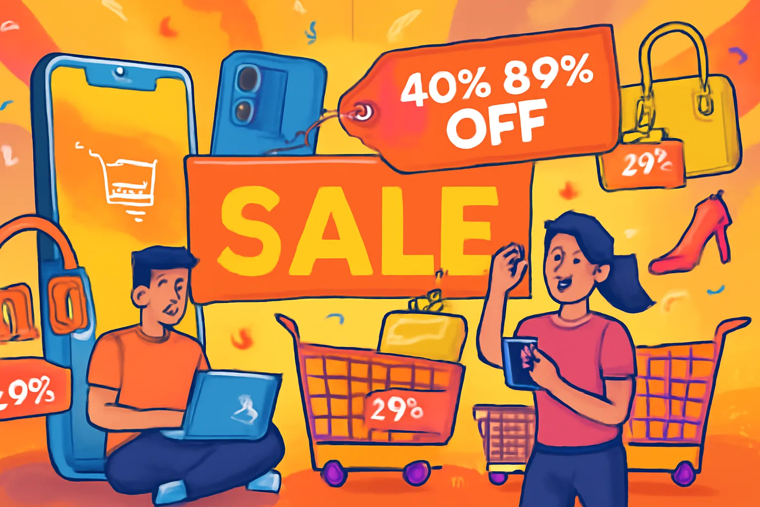 Online shopping sale scene with big discounts, happy customers, and various products, 16:9 ratio, 889x559 pixels.