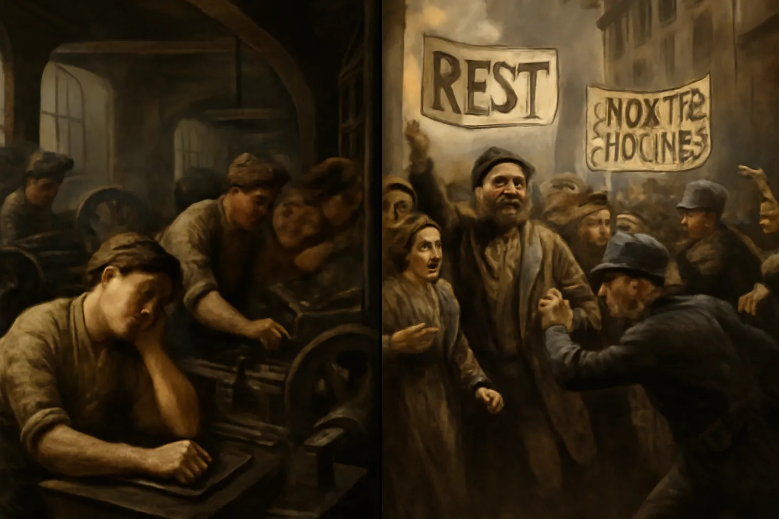 19th century industrial revolution workers protesting for rest and better working conditions.