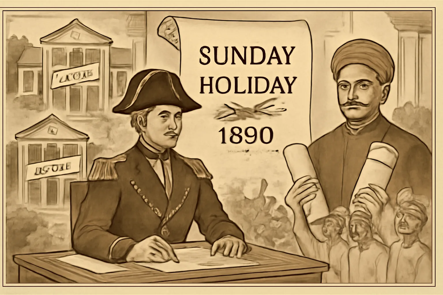 India Sunday holiday history: British era, workers’ petition, Lokhande, 1890, 889x559 size.