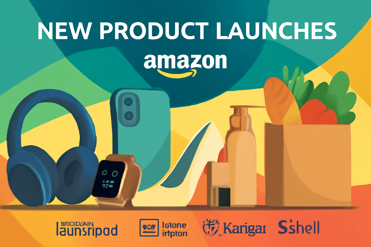 New product launches on Amazon showcasing gadgets, fashion, beauty, grocery, and Amazon programs, 16:9 ratio, 889x559 pixels.