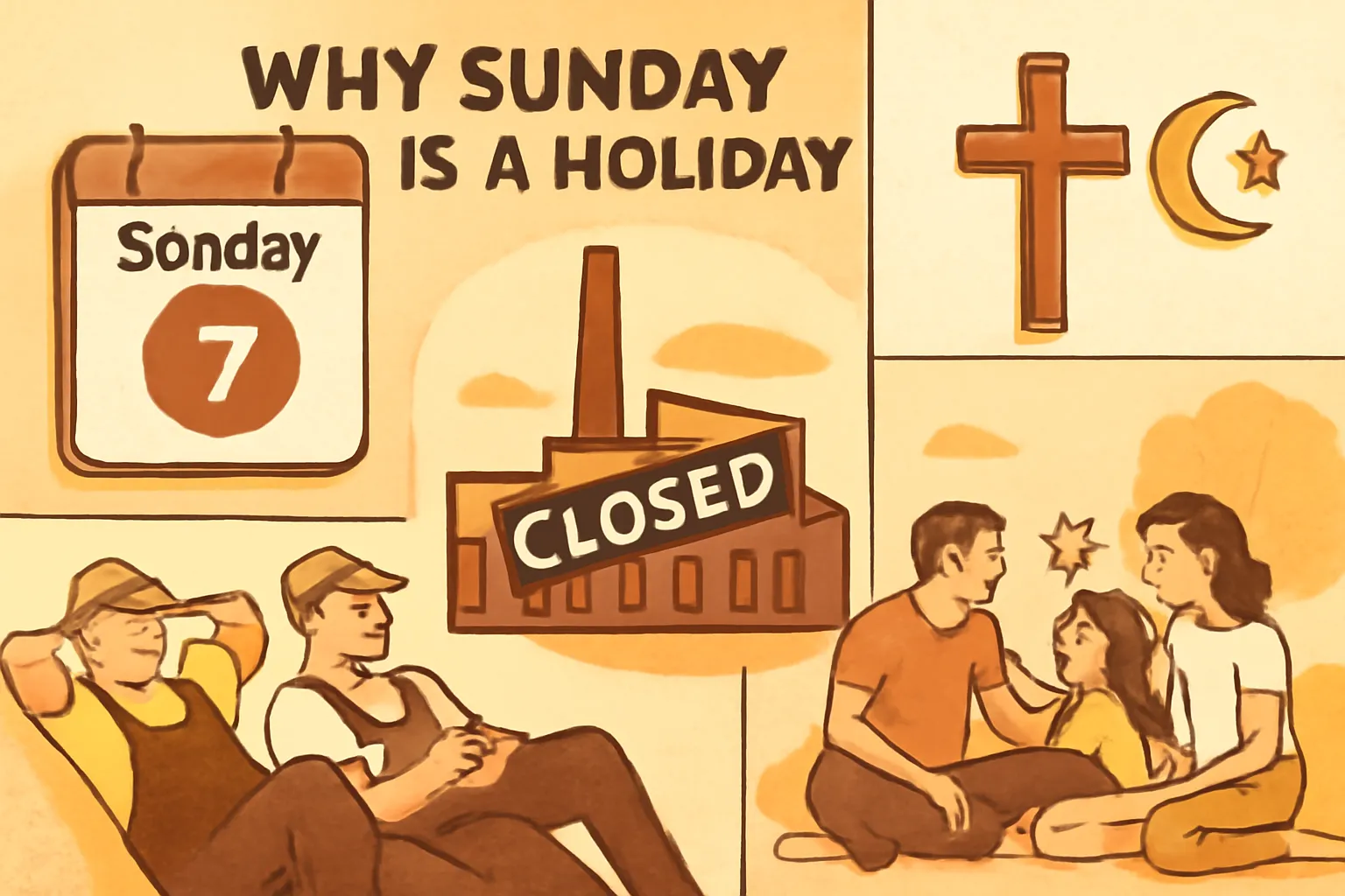 Why Sunday is a holiday showing calendar, religious symbols, workers resting, family leisure, and historical factory.