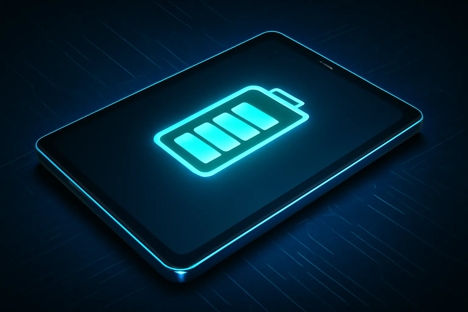 Futuristic tablet with glowing battery icon on dark tech background