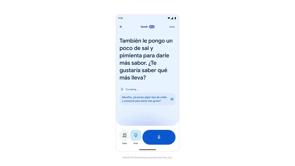 A phone with Google Translate shows a conversation in Spanish in the new language learning tool,with prompts to help you converse with the AI practice partner in the app