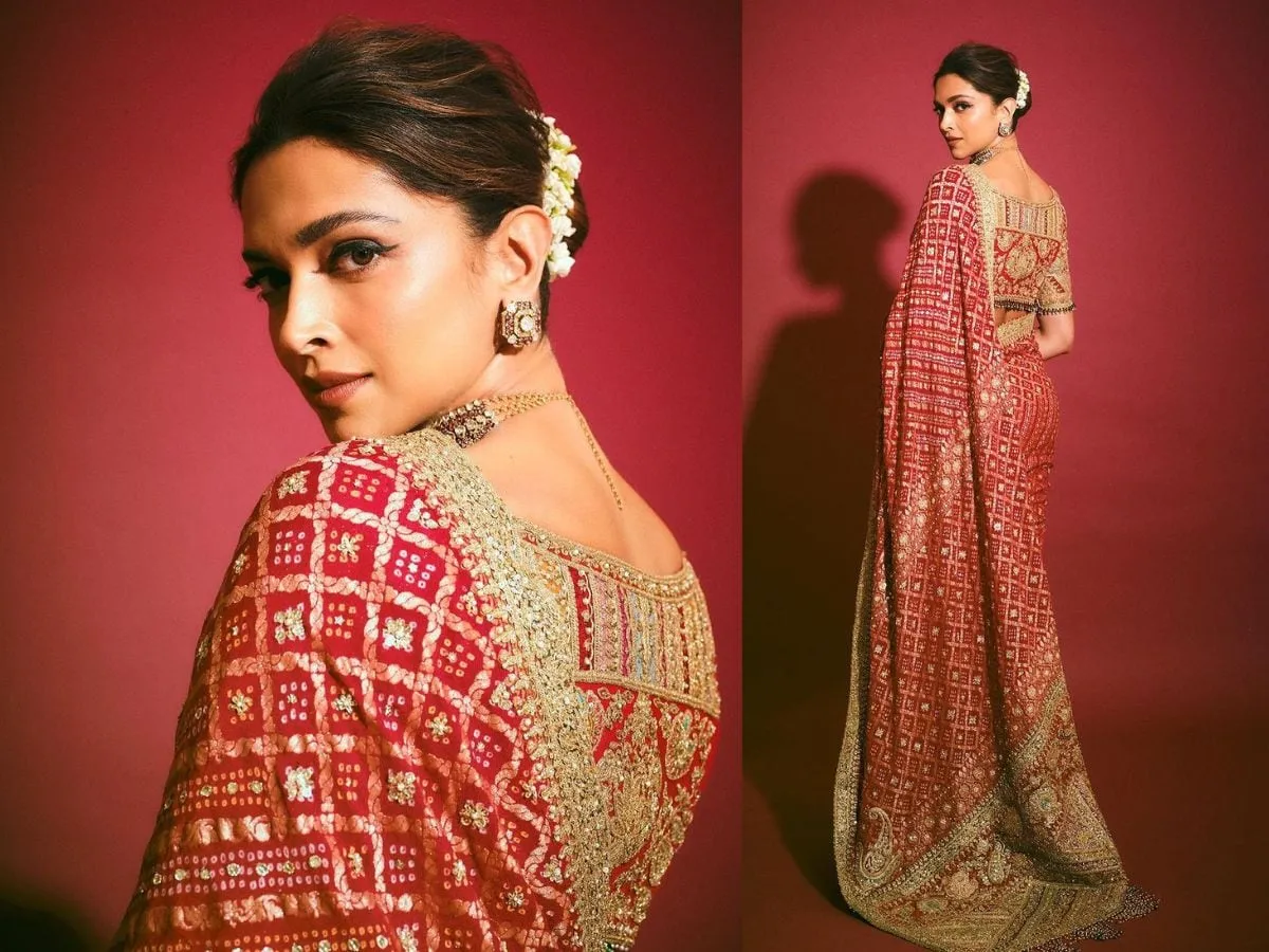 दीपिका पादुकोण ने तीसरे द&zwj;िन बांधनी, सोने के तारों सजी लाल साड़ी में ढाया कहर - deepika padukone styleish red colour saree ...