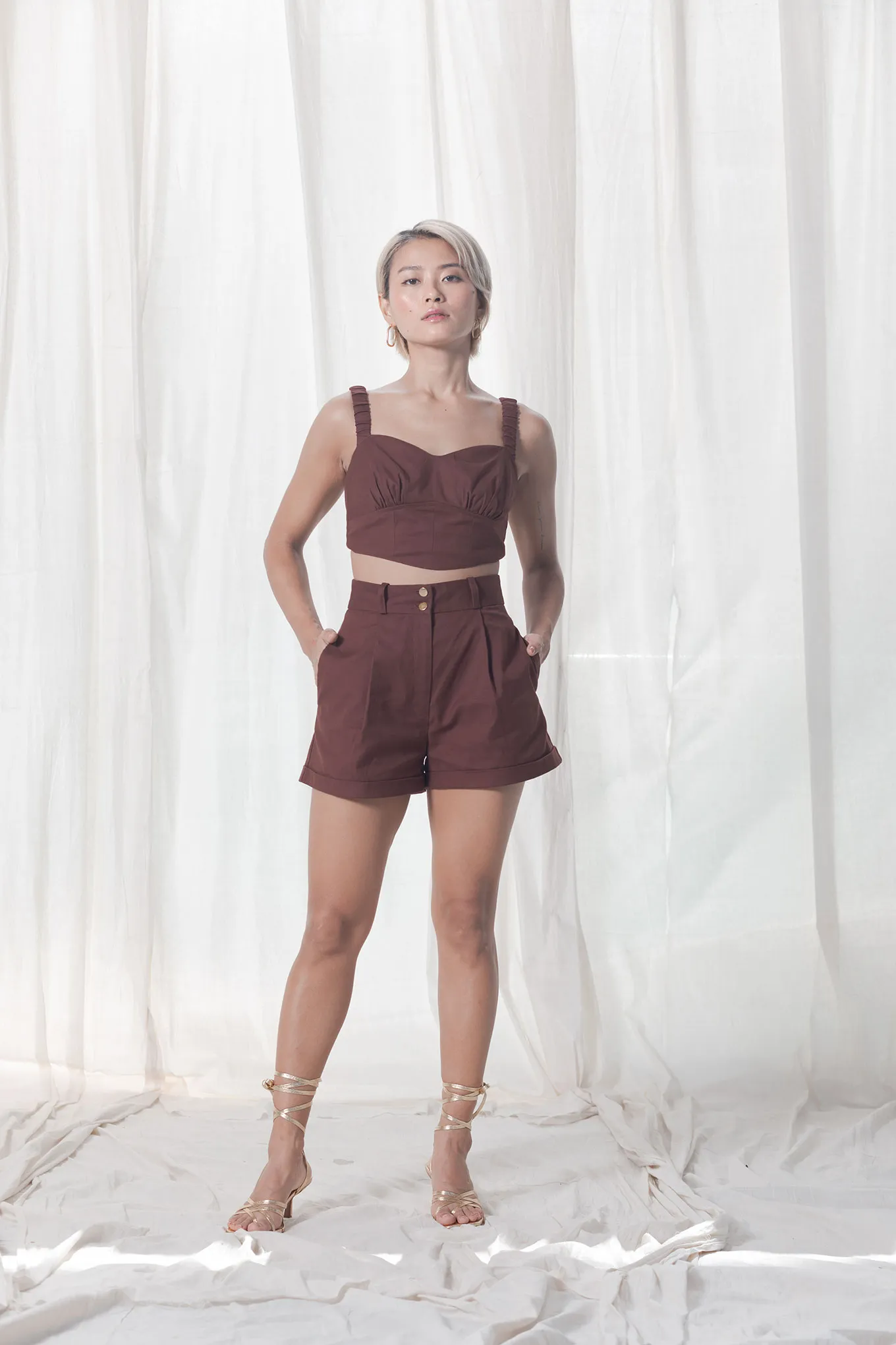 BROWN CORSET TOP AND SHORTS SET