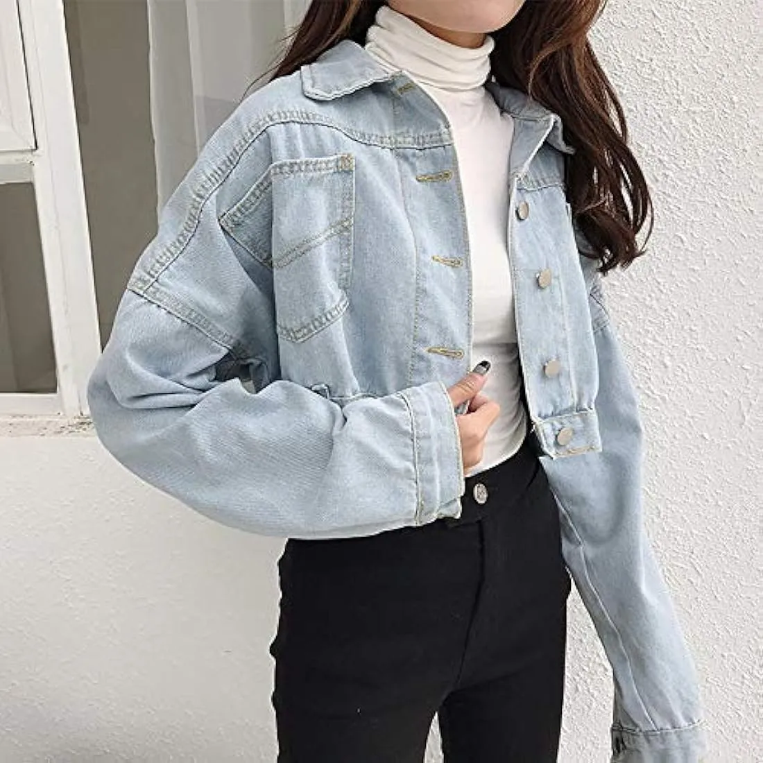 Buy SOLEDI® Women Basic Short Denim Jacket Girls Jeans Jackets Coat Women Korean Loose Outerwear Coats BF Style Long Sleeves Crop Denim at Amazon.in