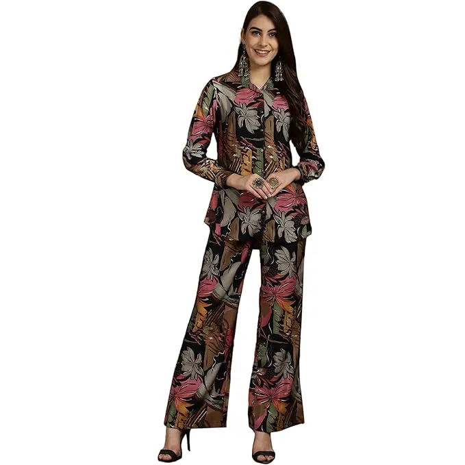 Claura Navy Blue Floral Printed Shirt Collar Tunic with Trousers Co-OrdsCo-ords/Cord Set for Women