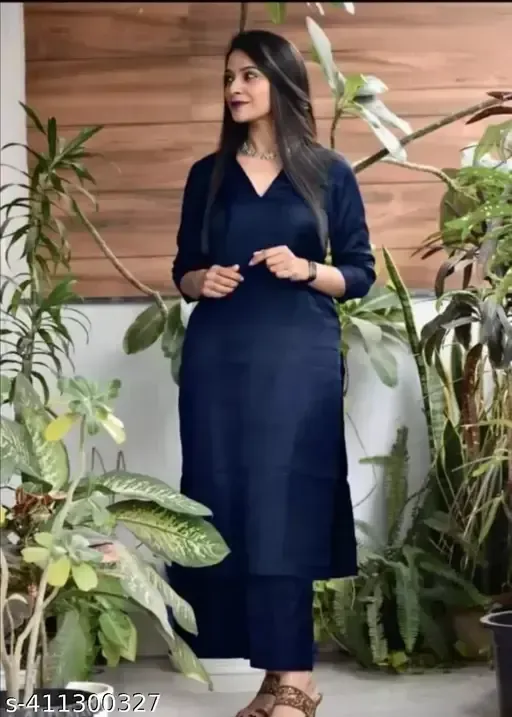 Rayon Solid V Neck Kurti With Pant with Pocket