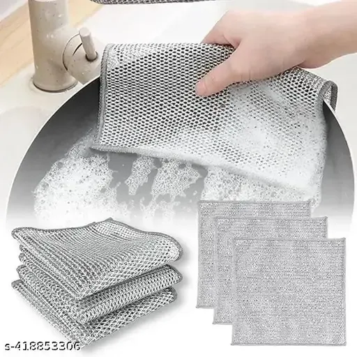 Pack Non-Scratch Wire Dishcloth & Gaps Cleaning Brush, Multipurpose Wire Dishwashing Rags for Wet and Dry, Easy Rinsing, Reusable, Wire Cleaning Cloth for Kitchen, Sinks, Pots, Pans 3PCS 