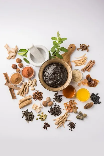 Photo ayurvedic chyawanprash is a powerful  immunity booster or natural health supplement. served in an antique bowl with ingredients, over moody background, selective focus