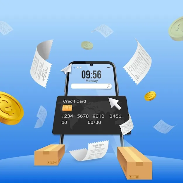 Vector paying bill with mobile application via credit and debit card online shopping payment