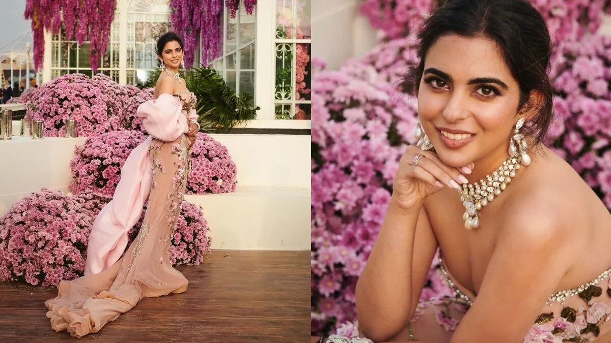 ईशा अंबानी का First Look, ऑफ शोल्डर गाउन संग पेटल स्टाइल शॉल किया टीमअप - Isha ambani shines in pastel peacock embroidered 3d blossom gown at brother anant ambani radhika merchant pre