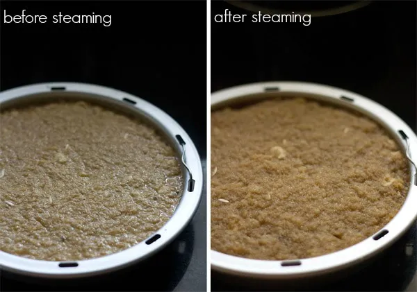 collage of before and after steaming of cucumber cake. 