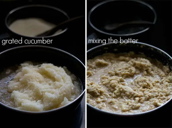 collage of grated cucumber and mixing the batter for dhondas recipe. 
