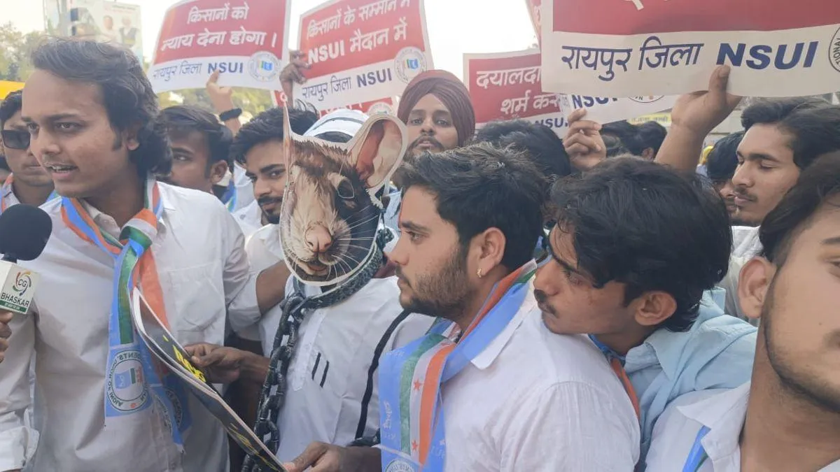 धान घोटाले के विरोध में NSUI का अनोखा प्रदर्शन, चूहे का वेश धारण कर कलेक्ट्रेट पहुंचे कार्यकर्ता