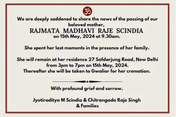 Madhvi Raje Scindia Shok patra