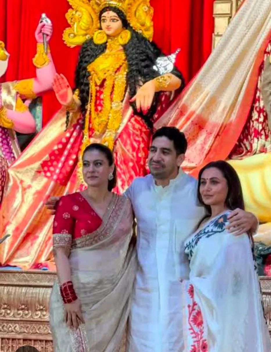 Kajol, Ayan Mukerji and Rani Mukerji at NBDurgaPuja 2025