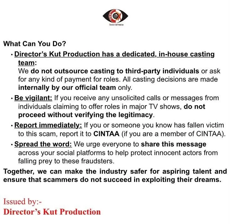 Director’s Kut Production Issues Scam Alert on Fake Casting Calls for Rajan Shahi