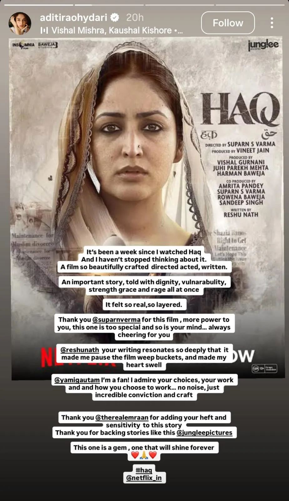 Aditi praises HAQ for its deep emotional impact