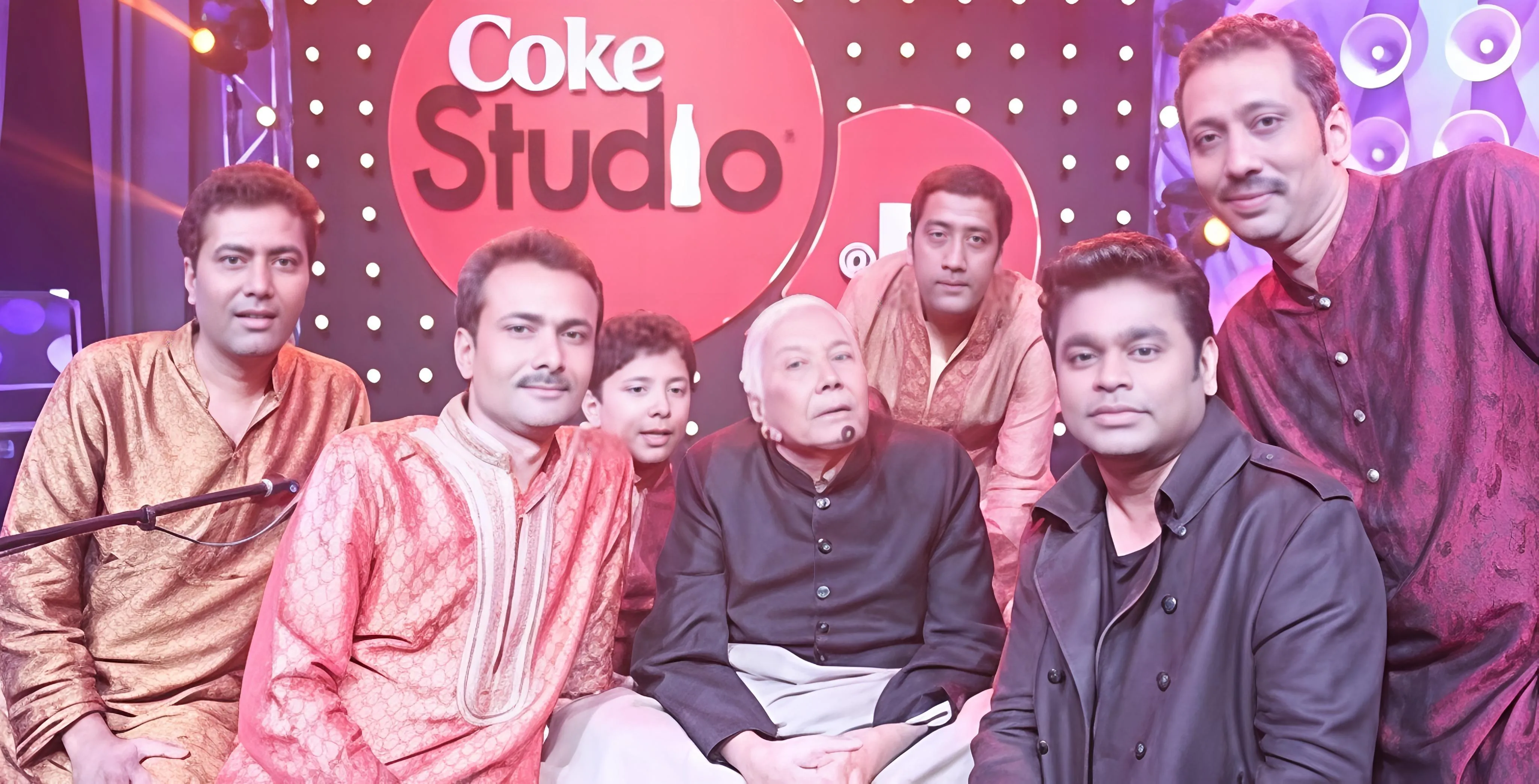 Young Faiz Mustafa with Ustad Ghulam Mustafa Khan & family and A.R. Rahman on Coke Studio